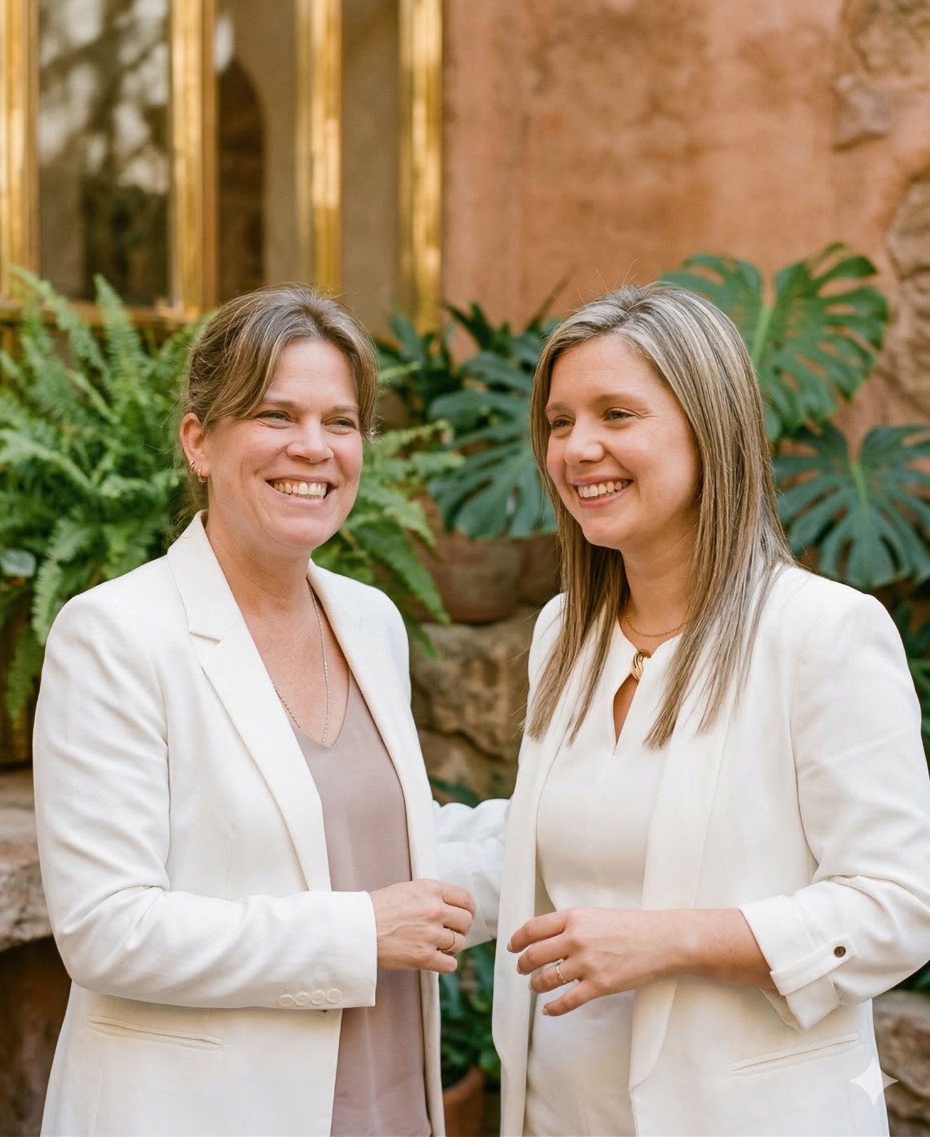 Luciana Covre y María Belén Araujo, Licenciadas en Terapia Ocupacional, sonriendo en un patio con plantas